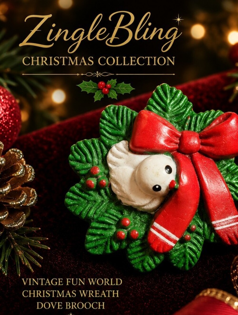 Vintage Fun World Christmas Wreath Dove Brooch Red Bow Pin Cute Resin 1990s